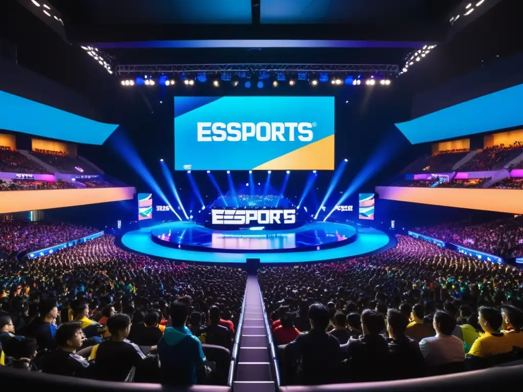 Multitudinaria arena de eSports en Seúl, Corea del Sur, con fans entusiastas y vibrantes luces de neón, reflejando el impacto de los eSports en Asia