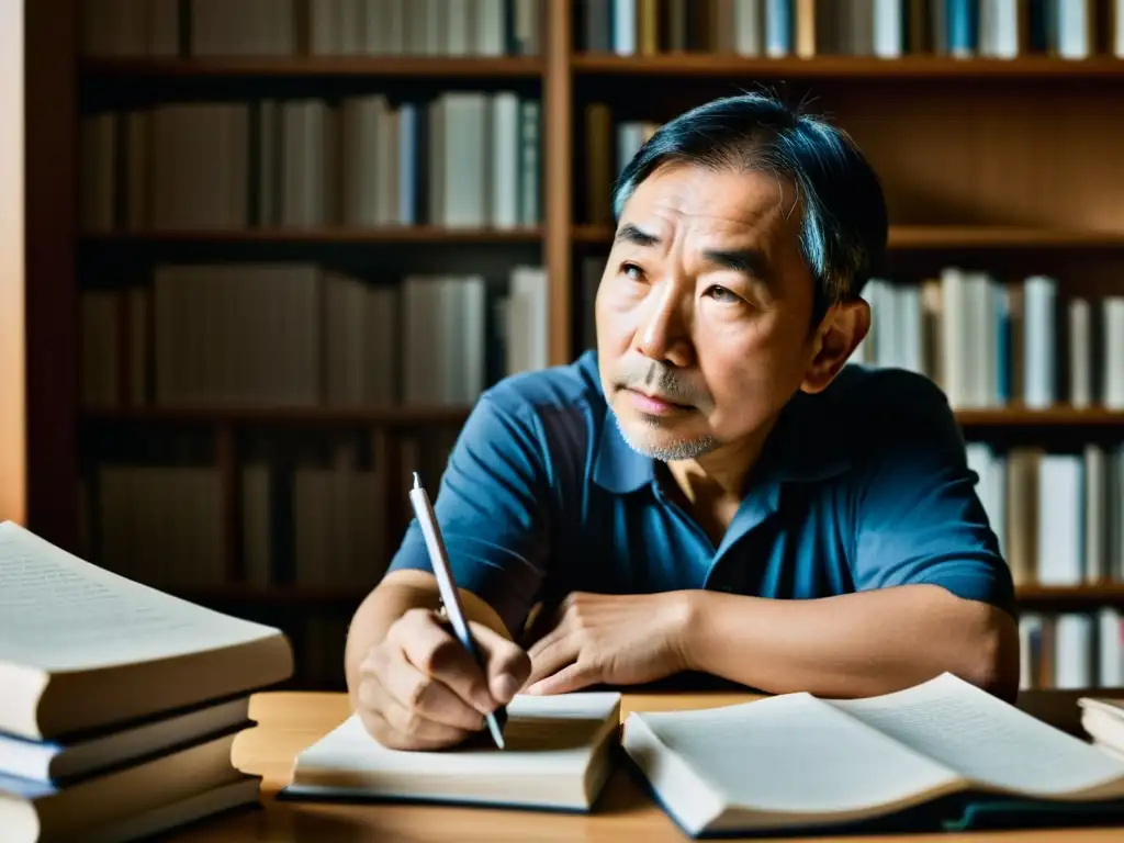 Haruki Murakami en su escritorio, rodeado de libros y papeles, con expresión pensativa y enigmática, capturando su impacto en narrativa contemporánea