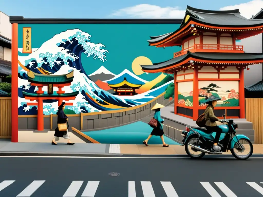 Un mural urbano moderno fusiona las xilografías japonesas Ukiyoe con el ambiente citadino, atrayendo a una diversa multitud admiradora