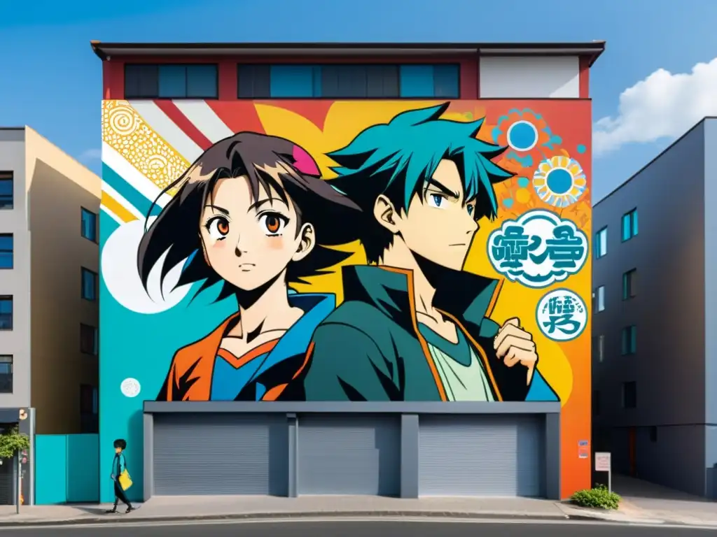 Un mural de anime vibrante y detallado en una bulliciosa ciudad urbana