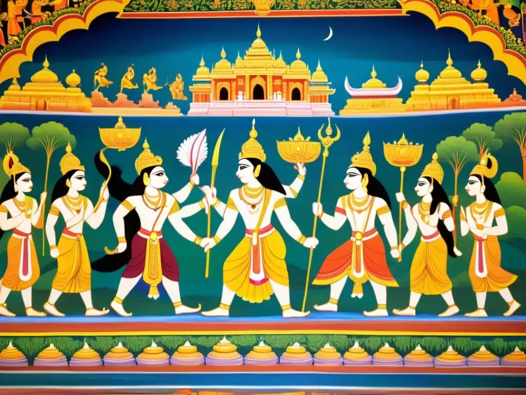 Un mural vibrante y detallado del Ramayana en un antiguo templo de la India