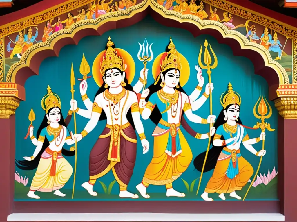 Un mural vibrante y detallado en un templo hindú que representa escenas del épico Ramayana, reflejando la influencia del Ramayana en Asia