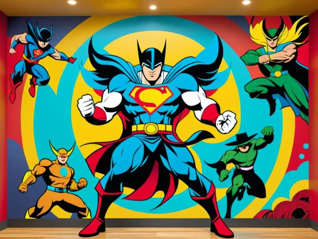 Choque de Culturas: Mural Cómic Asiático y Occidental Un mural vibrante fusiona personajes de cómics asiáticos y elementos artísticos occidentales en una explosión de creatividad