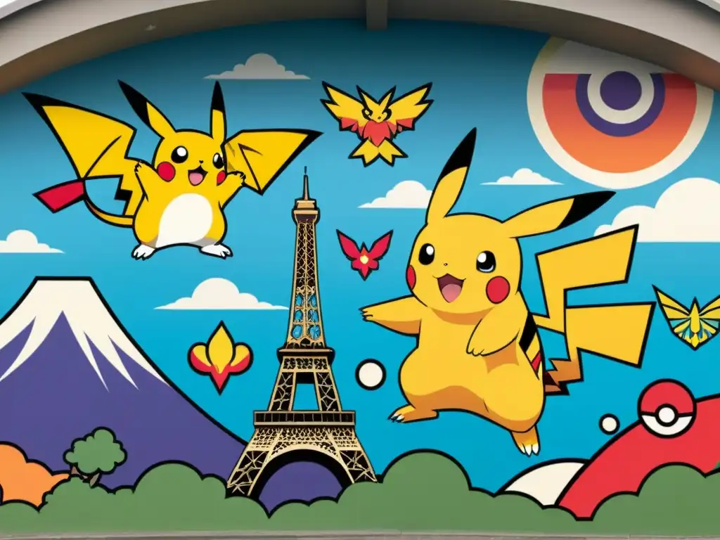 Un mural vibrante que muestra Pokémon de diferentes regiones, con detalles culturales y emblemáticos como la Torre Eiffel, el Monte Fuji y el Coliseo