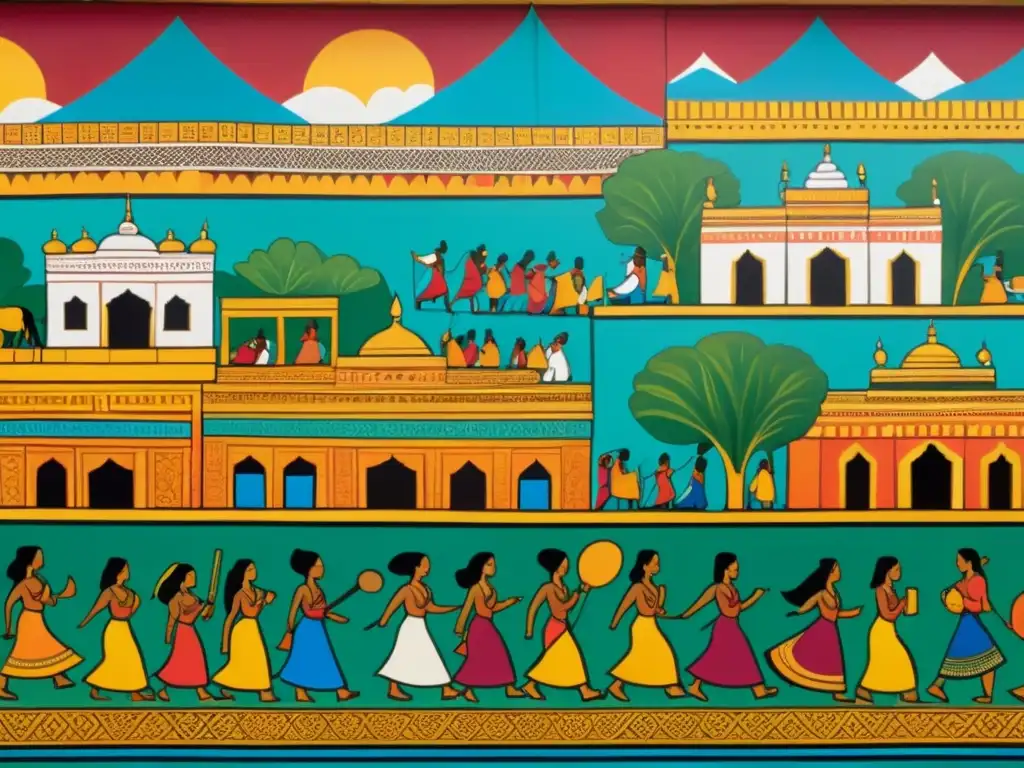 Murales de pueblos y mercados antiguos en India, con colores vibrantes y detalles intrincados