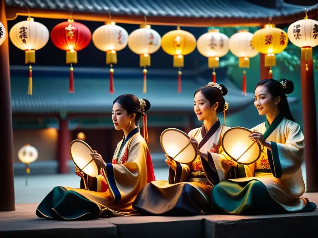 Iniciarse música tradicional china: Músicos chinos tradicionales interpretando instrumentos antiguos bajo la suave luz de las linternas en un patio