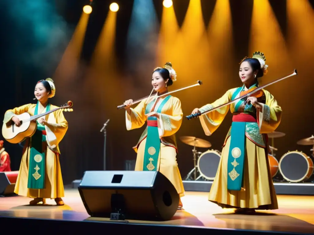 Función de la música en Asia: Ensemble musical tradicional asiático en vibrante escenario iluminado, mostrando su rica diversidad cultural