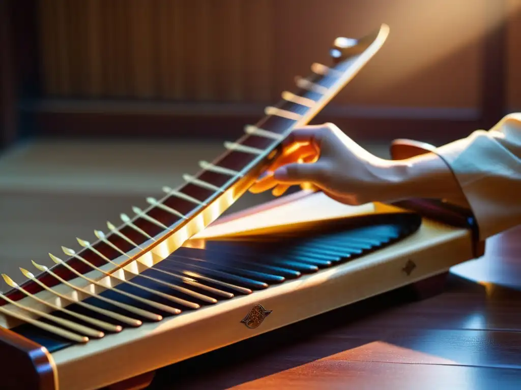 Un músico toca el guzheng en un ambiente asiático tradicional con teoría escalas musicales Lejano Oriente