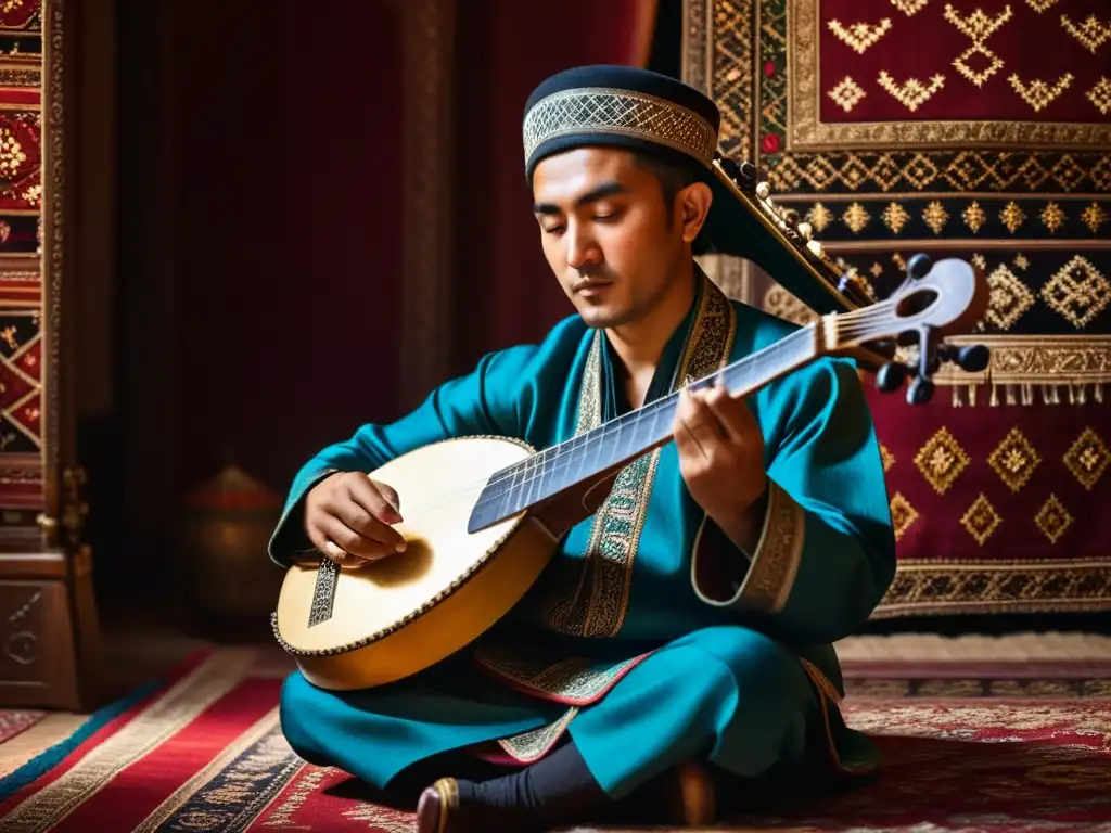 Un músico de rebab en un ambiente íntimo, con sombras dramáticas y detalles intrincados, capturando la resonancia árabe en Asia Central