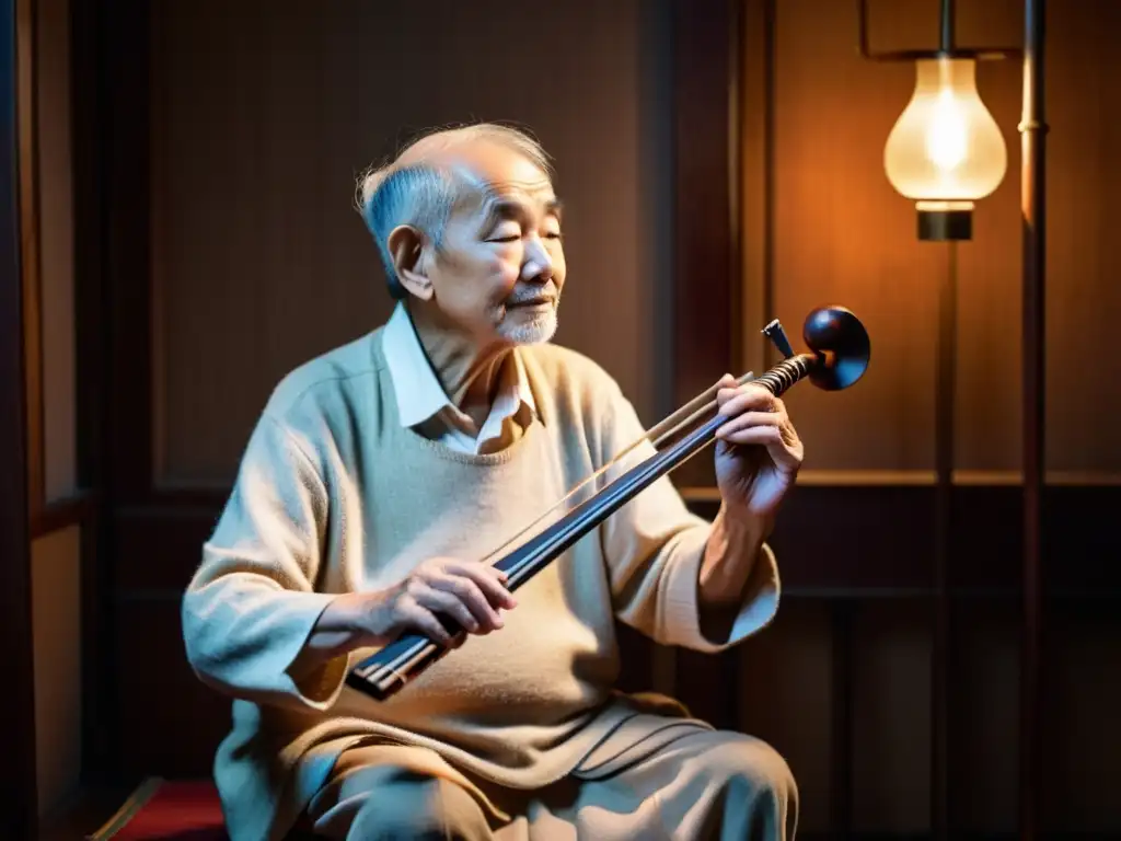 Un músico anciano se sienta en una habitación tenue, acariciando un erhu con sus manos curtidas