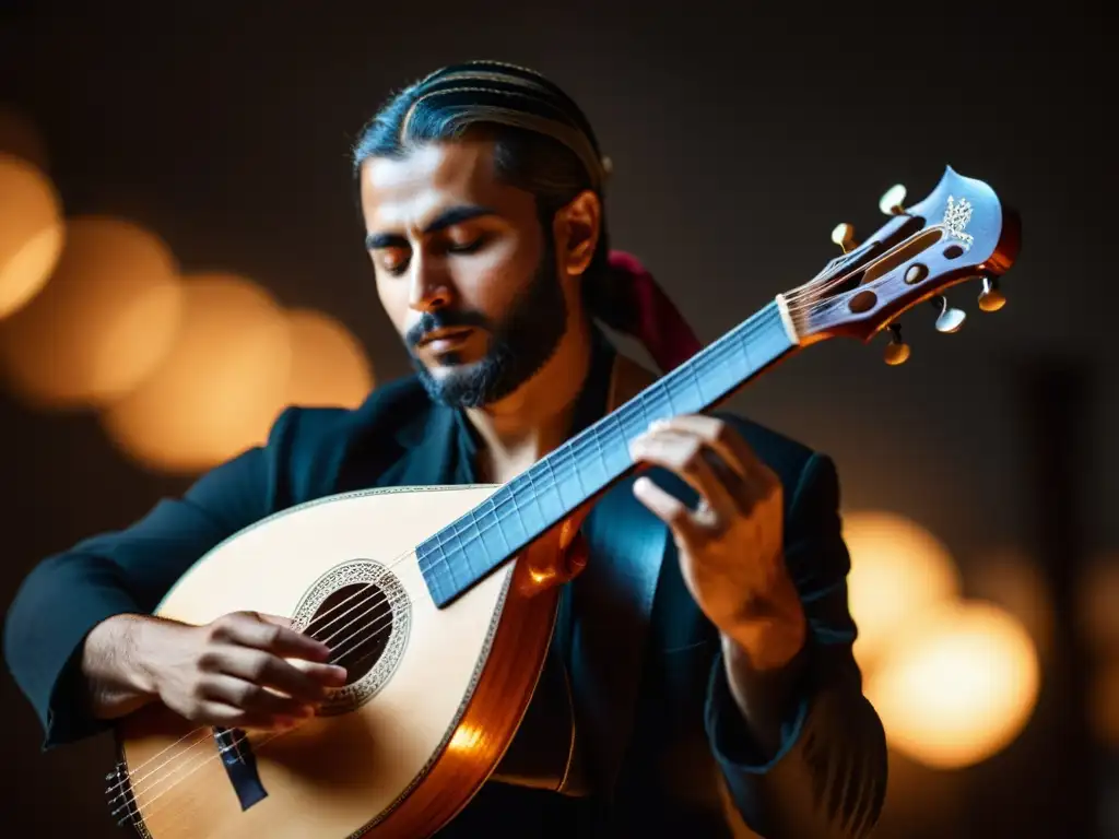 Un músico apasionado toca el oud en un entorno atmosférico y tenue, resaltando las raíces árabes en la música asiática