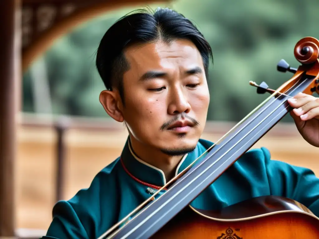 Un músico apasionado toca el morin khuur en las vastas tierras de Mongolia, reflejando la historia del morin khuur mongol