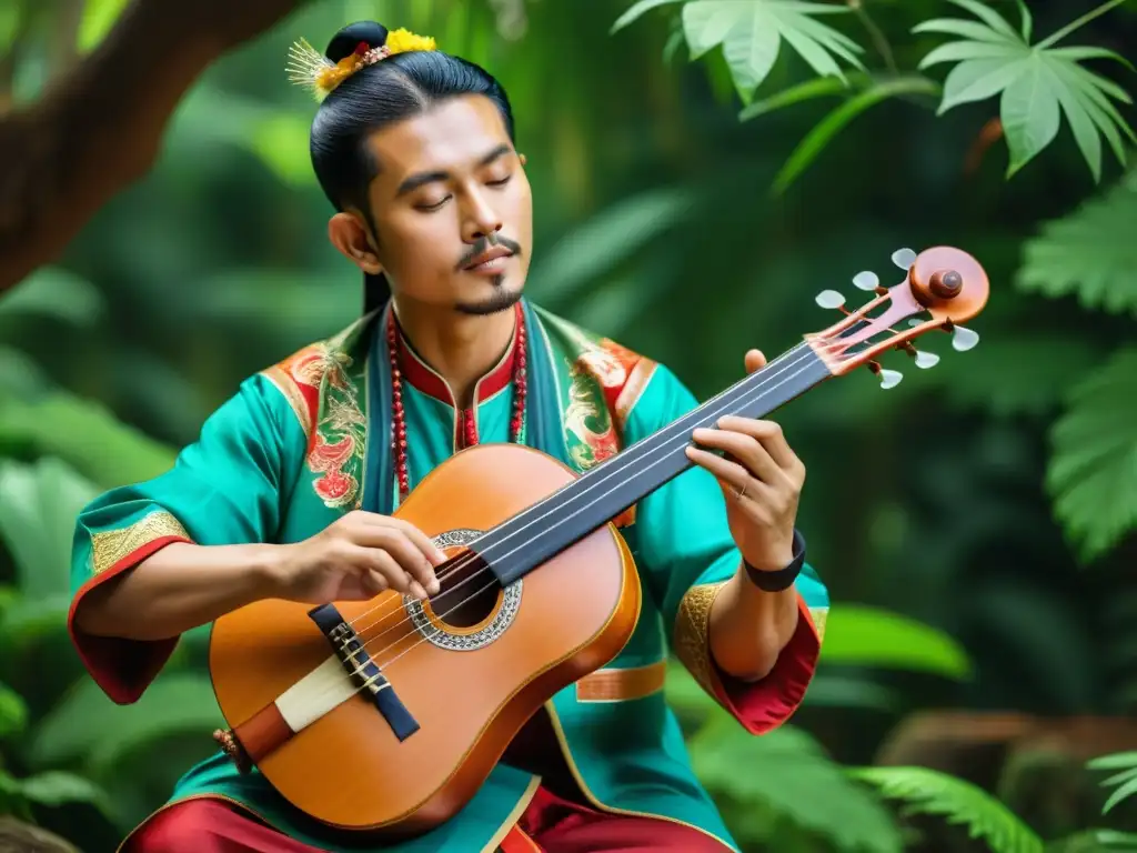 Un músico asiático toca un instrumento tradicional rodeado de exuberante vegetación