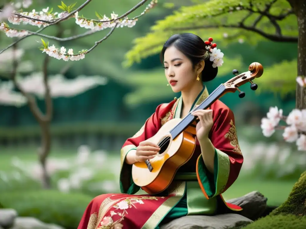 Un músico asiático tradicional toca un instrumento de cuerda en un exuberante jardín con árboles de cerezo en flor