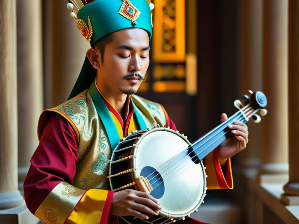 Un músico asiático tradicional toca con pasión su instrumento, destacando los beneficios de la música tradicional asiática