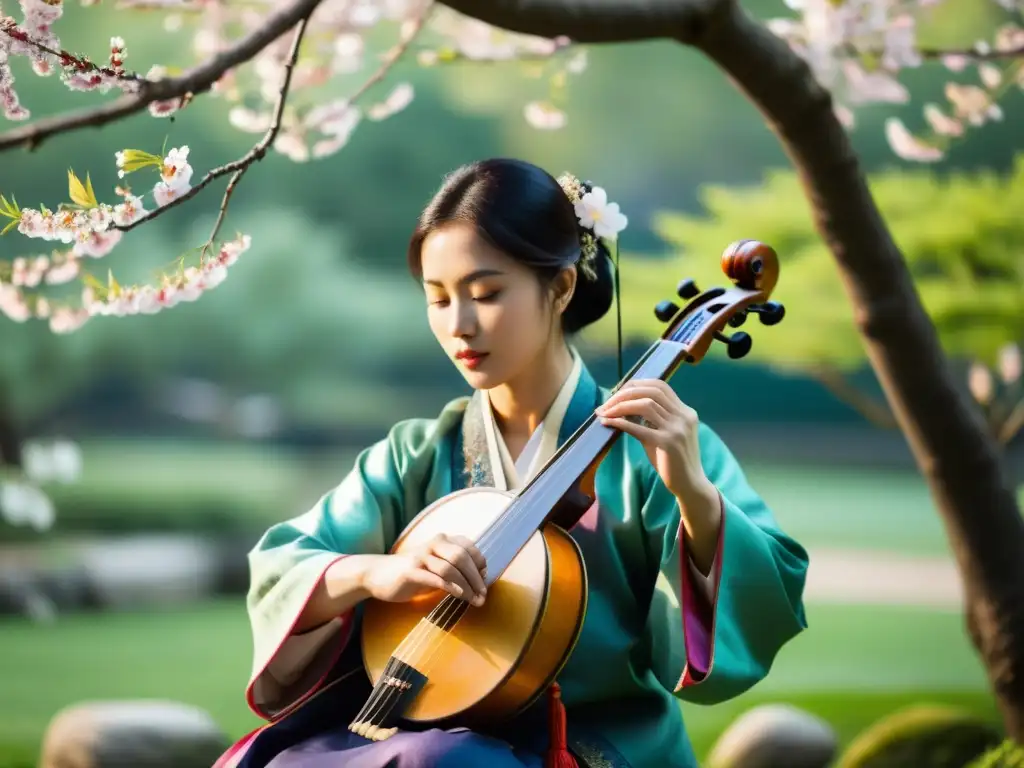 Un músico asiático tradicional toca en un jardín tranquilo, rodeado de naturaleza exuberante y árboles de cerezo en flor