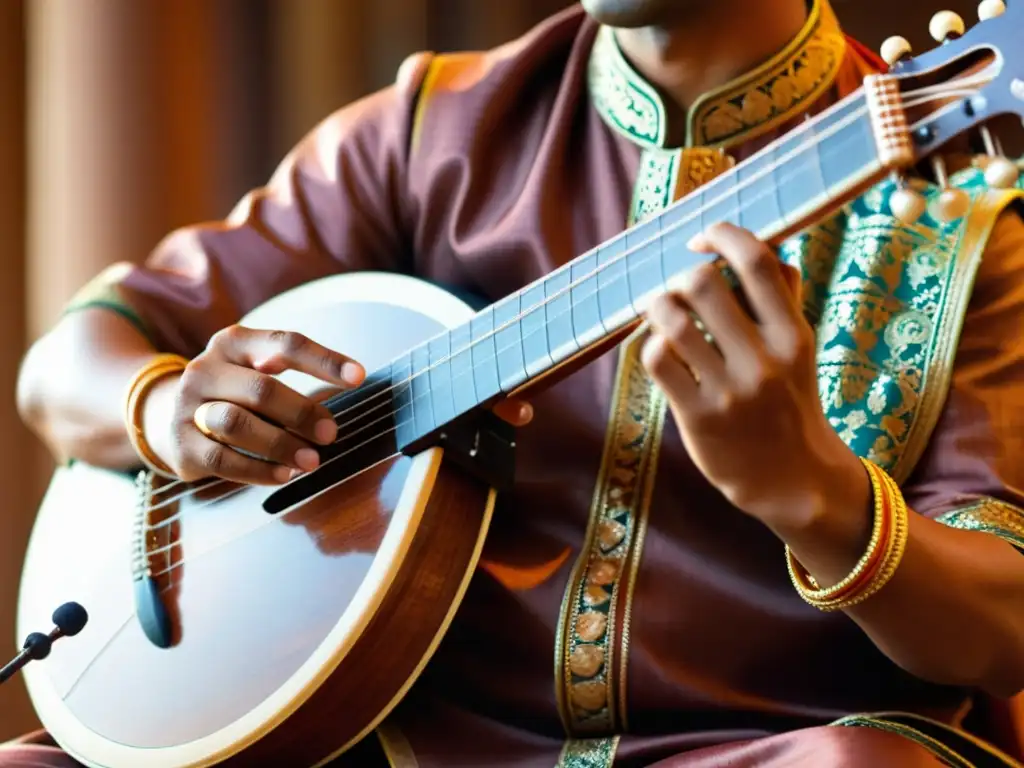 Un músico en atuendo tradicional toca una sitar con detalle y emoción, fusionando culturas en la Ruta de la Seda