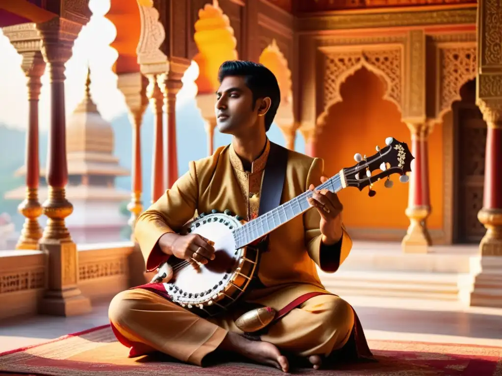 Un músico viste atuendo tradicional indio y toca un sitar en un templo hindú