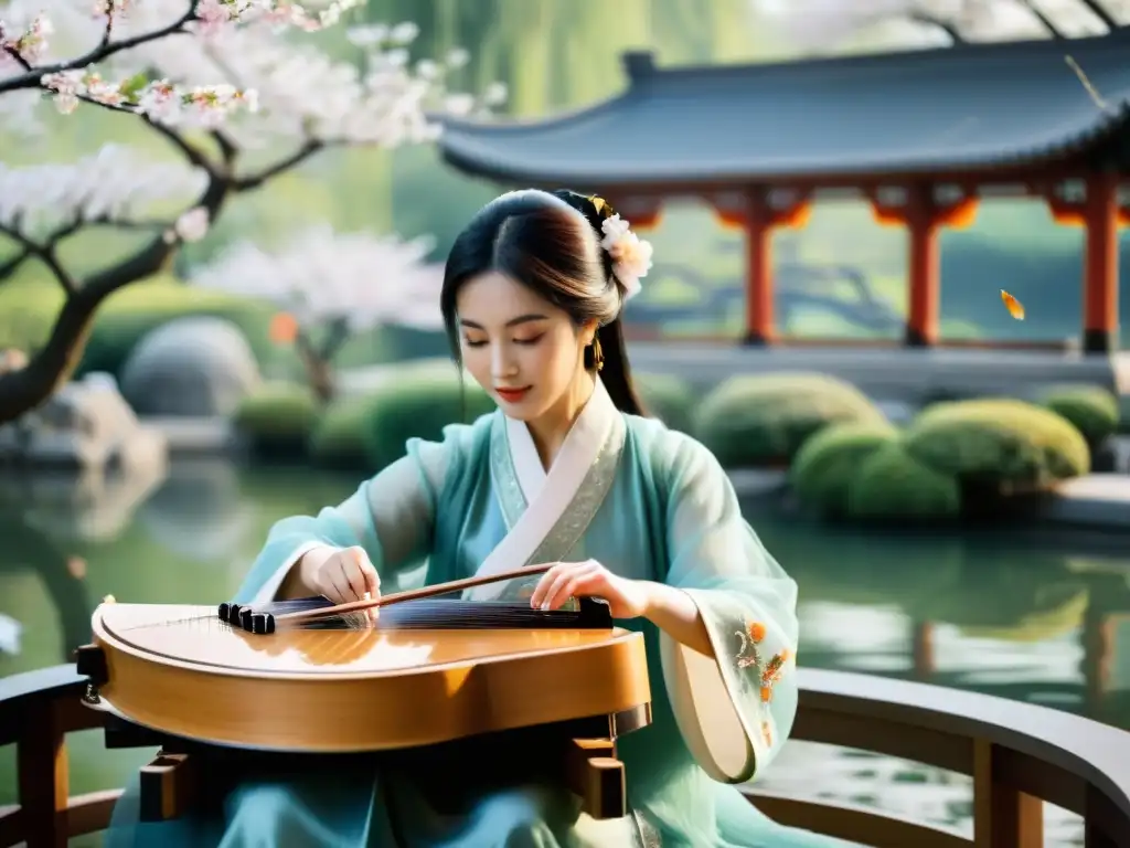 Un músico toca el guzheng en un jardín chino, creando una melodía armoniosa que refleja la rica historia de las escalas musicales en el Lejano Oriente