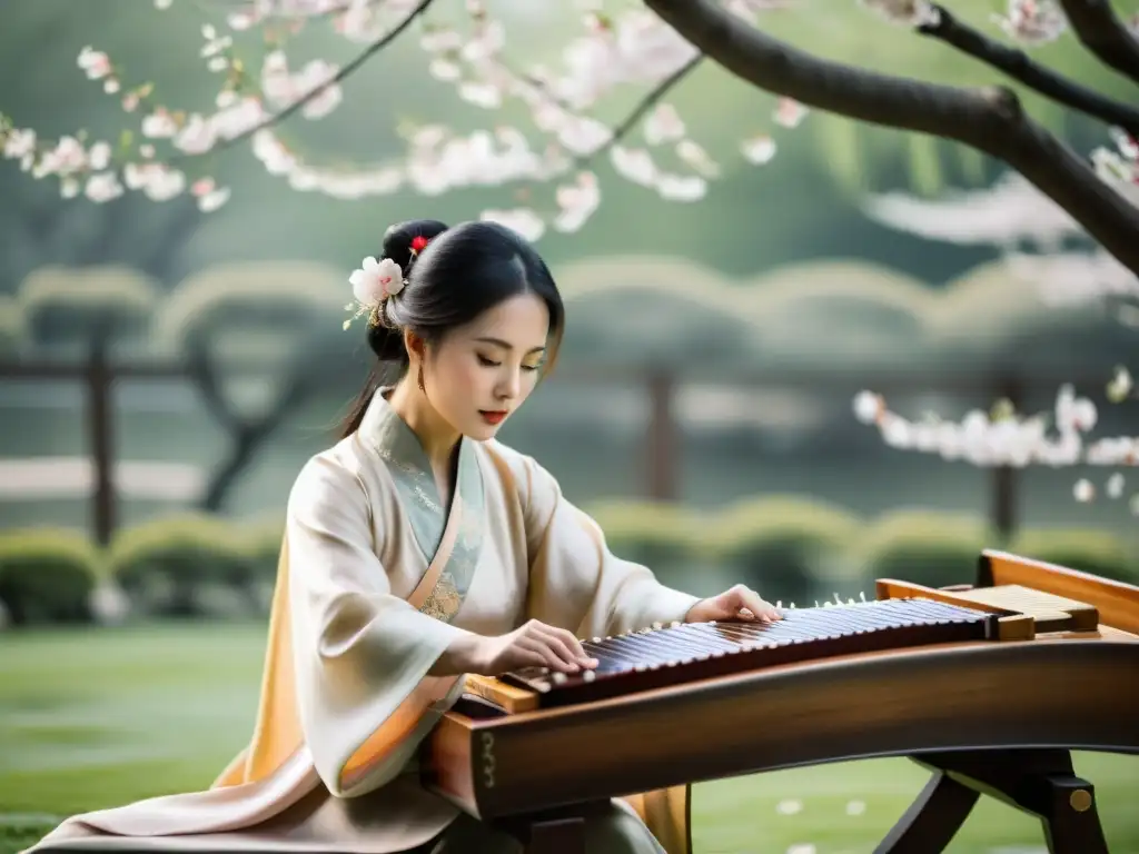 Un músico chino toca el guzheng en un jardín sereno con árboles de cerezo en flor