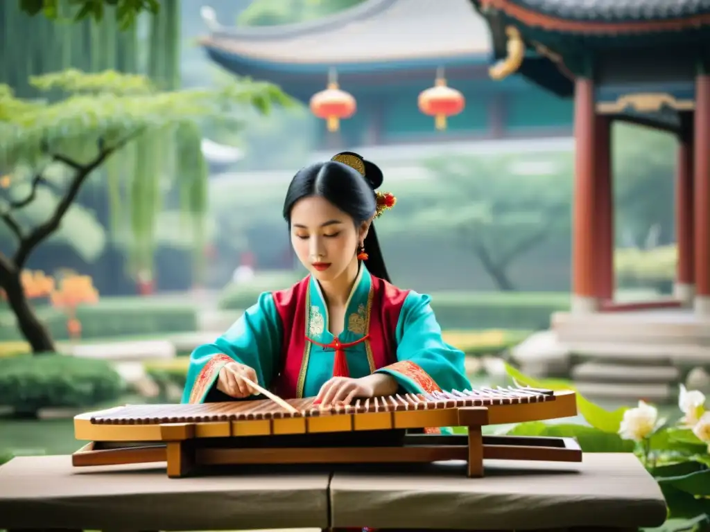 Un músico chino toca el guzheng en un jardín sereno con arquitectura tradicional china al fondo