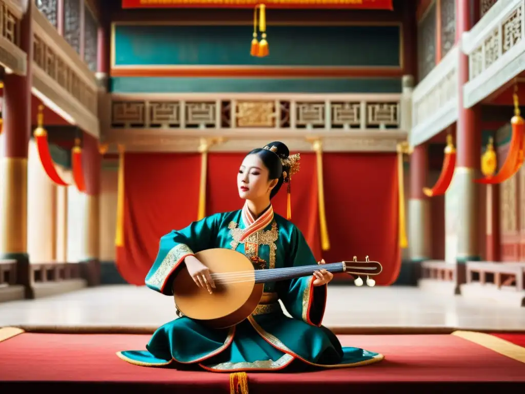 Un músico de la Corte Imperial China toca un antiguo instrumento en un majestuoso salón lleno de arte y cultura