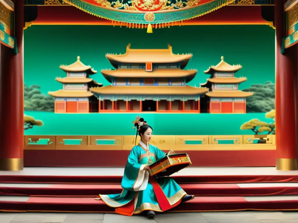 Un músico de la corte imperial china toca un instrumento tradicional en un escenario ricamente adornado