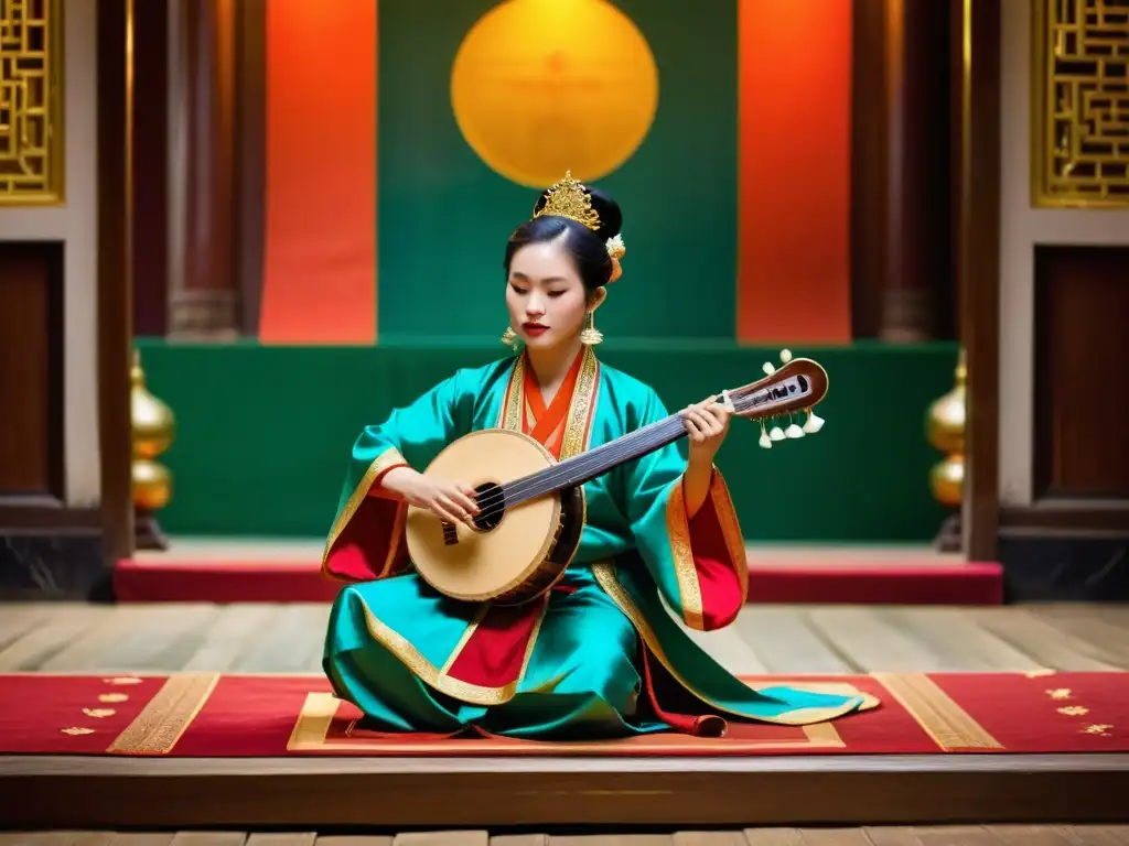 Un músico de la corte vietnamita toca un dan bau en un salón opulento, evocando la evolución de la música vietnamita tradicional