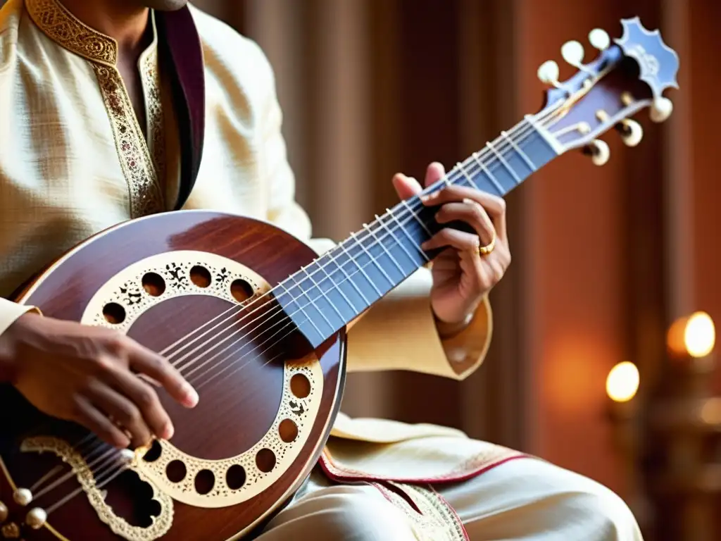 Un músico interpreta el sitar con destreza, inmerso en la música clásica india, rodeado de calidez y tradición