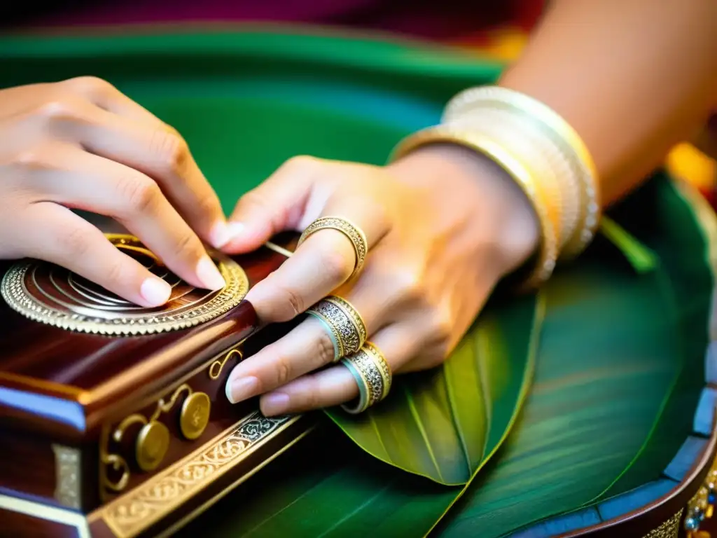 Un músico tailandés toca el khim con destreza, resaltando la rica artesanía y la herencia cultural