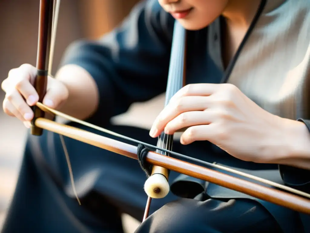 Un músico de erhu chino, con expresión concentrada, desliza el arco sobre las cuerdas, evocando la mística sonoridad del erhu chino