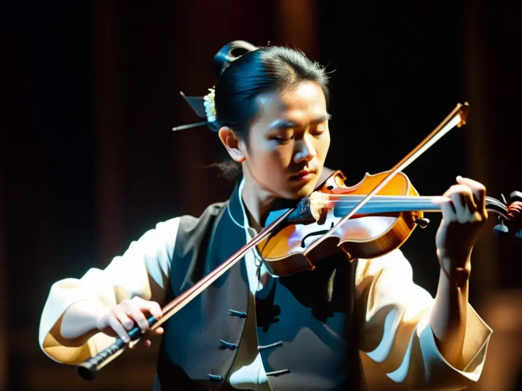 Un músico de erhu con expresión concentrada bajo luz suave: evoca bandas sonoras cine asiático actual