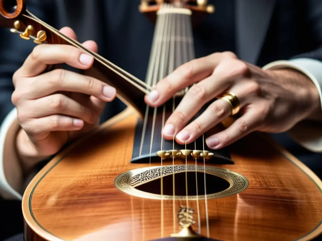 Un músico experto toca con destreza un oud, resaltando su diseño y la intensa concentración