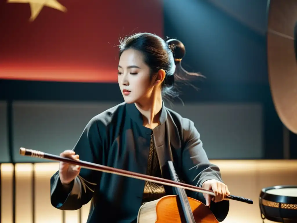 Un músico experto interpreta el erhu chino en un estudio moderno, rodeado de instrumentos tradicionales y equipo de grabación contemporáneo