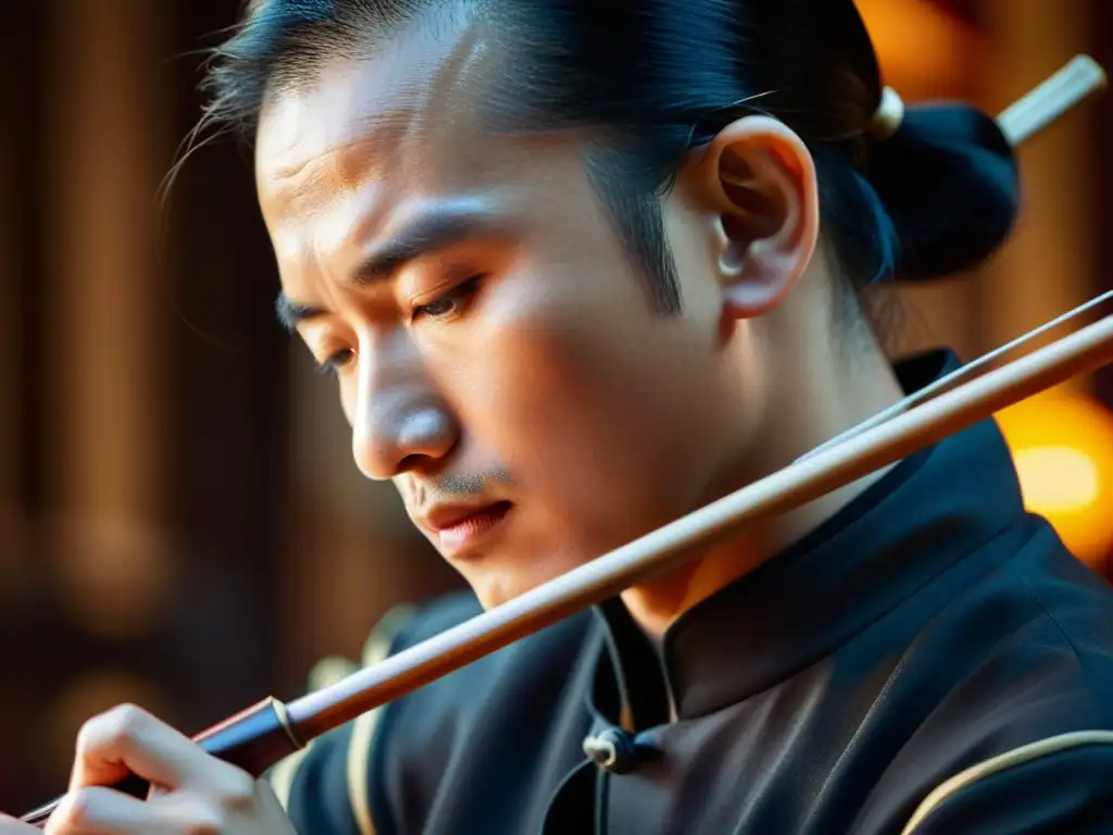 Un músico experto toca el erhu chino con concentración, creando la mística sonoridad del erhu chino