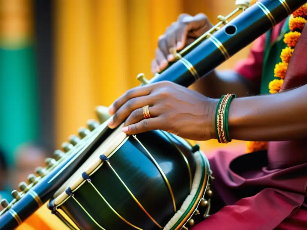 Un músico experto toca el nadaswaram, instrumento tradicional de la India, en un escenario colorido