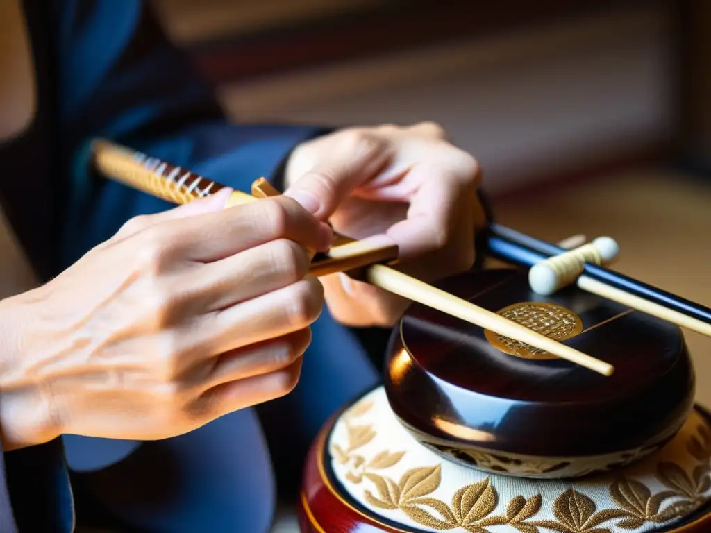 Un músico experto toca el shamisen japonés con destreza y pasión, resaltando la técnica y el significado cultural del instrumento