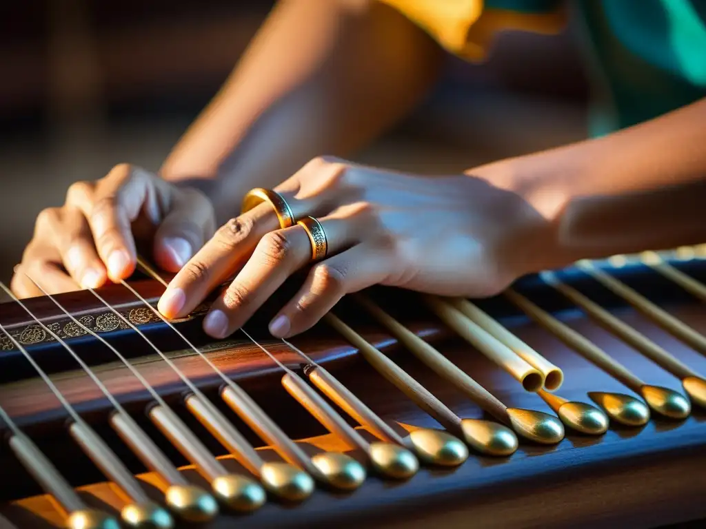 Un músico tailandés experto toca melodías del khim tailandés con destreza, resaltando la belleza cultural y musical del instrumento