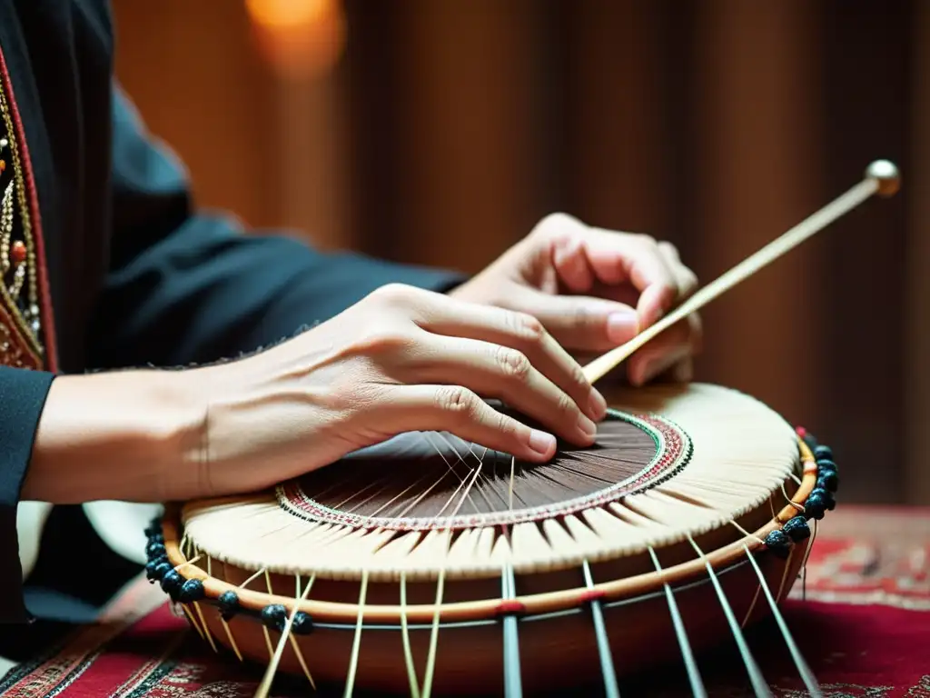 Un músico experto crea melodías hipnotizantes del santur persa, con manos hábiles y expresión concentrada