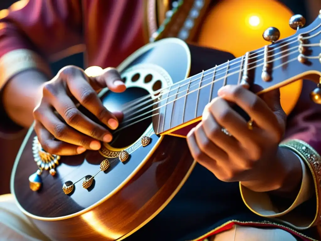 Un músico de sitar experto en plena improvisación, concentrado en sus manos adornadas con joyería tradicional india