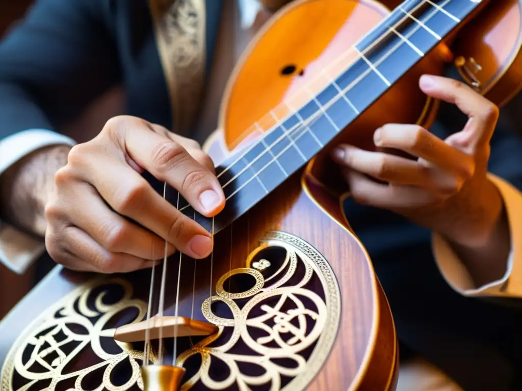 Un músico experto de raíces árabes en la música asiática tocando con destreza el oud, resaltando la riqueza cultural y la intimidad del momento