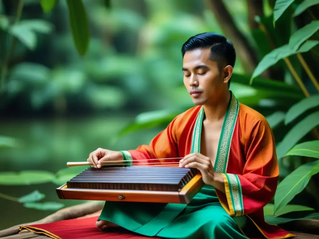 Un músico tailandés toca el khim con expresión serena, rodeado de exuberante vegetación