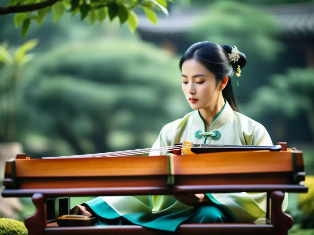 Un músico toca un guqin en un jardín sereno, capturando la esencia de la música tradicional asiática y sus beneficios culturales y terapéuticos