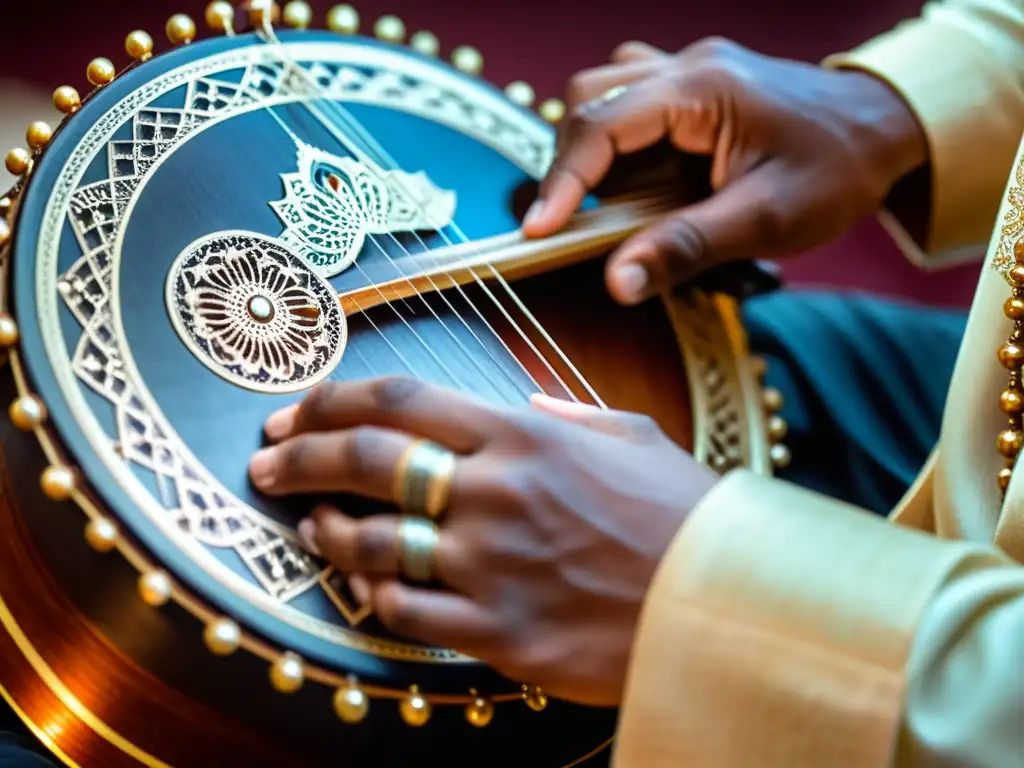 Un músico habilidoso toca con precisión el rebab, resaltando la artesanía y la resonancia árabe en Asia Central