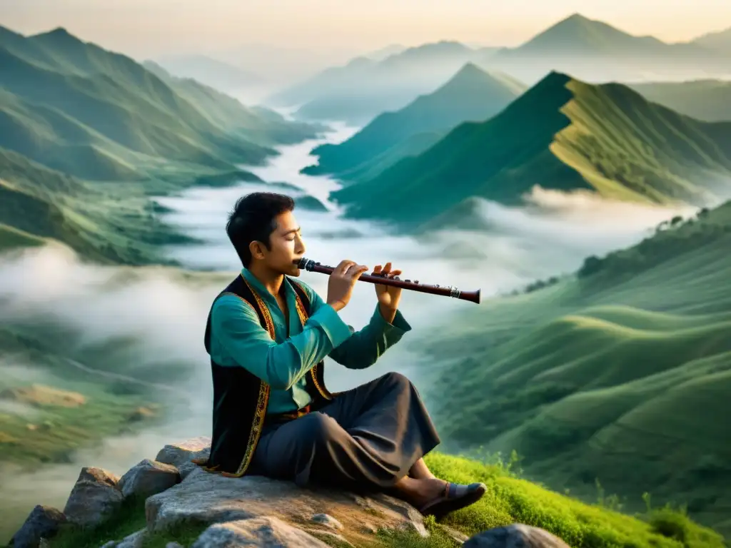 Un músico habilidoso toca el Dizi chino en la cima de la montaña, con neblina y ríos serenos de fondo