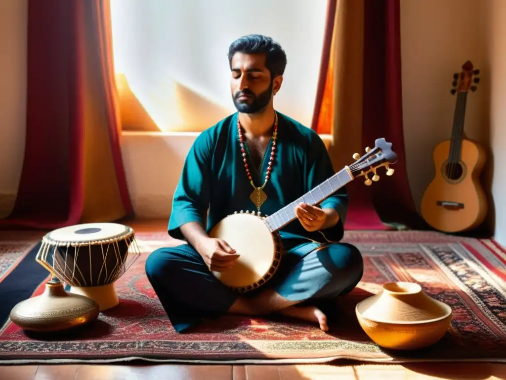 Un músico habilidoso toca el santur persa en una escena culturalmente rica, iluminada por la luz del sol