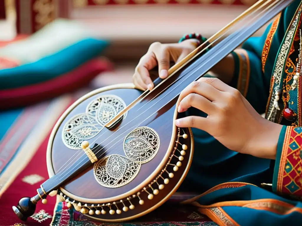 Un músico habilidoso toca el rebab, instrumento tradicional de Asia Central, entre textiles vibrantes, mostrando la resonancia árabe en Asia Central