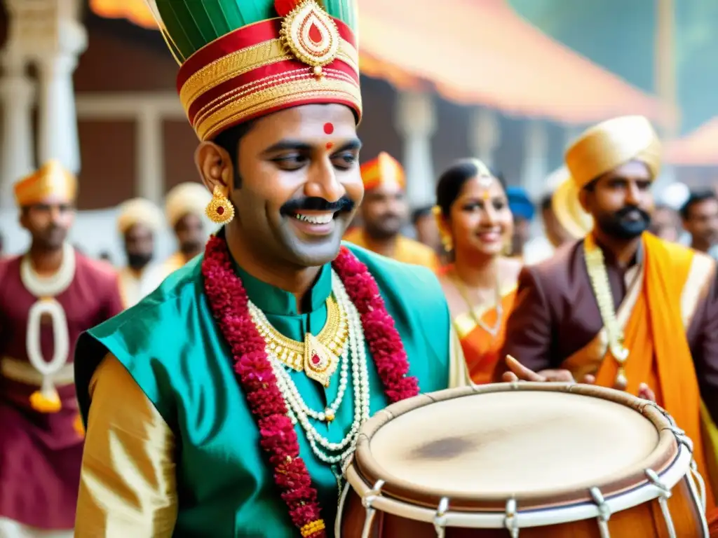 Un músico habilidoso toca el nadaswaram en una procesión de boda tradicional india, capturando la riqueza cultural y la vibrante atmósfera