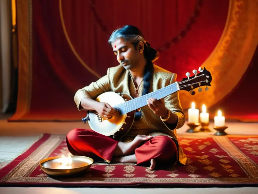 Un músico de sitar inmerso en la improvisación en la música clásica india, rodeado de velas y telas vibrantes en una atmósfera íntima y reverente