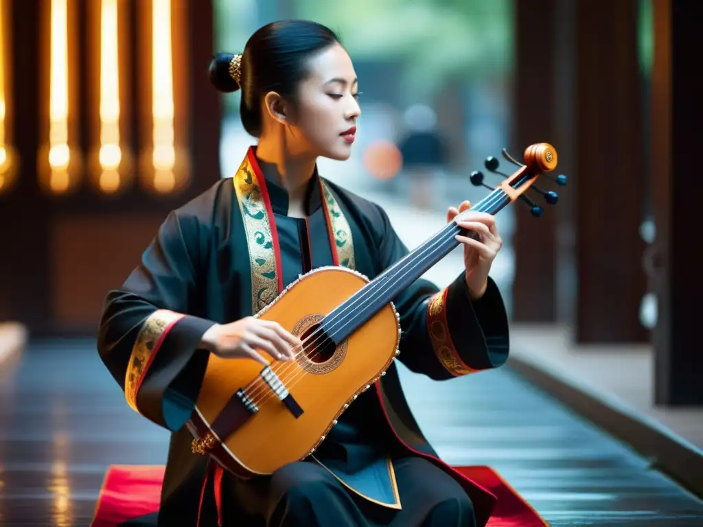 Un músico toca un instrumento musical asiático tradicional en un entorno urbano moderno, fusionando lo tradicional con lo contemporáneo